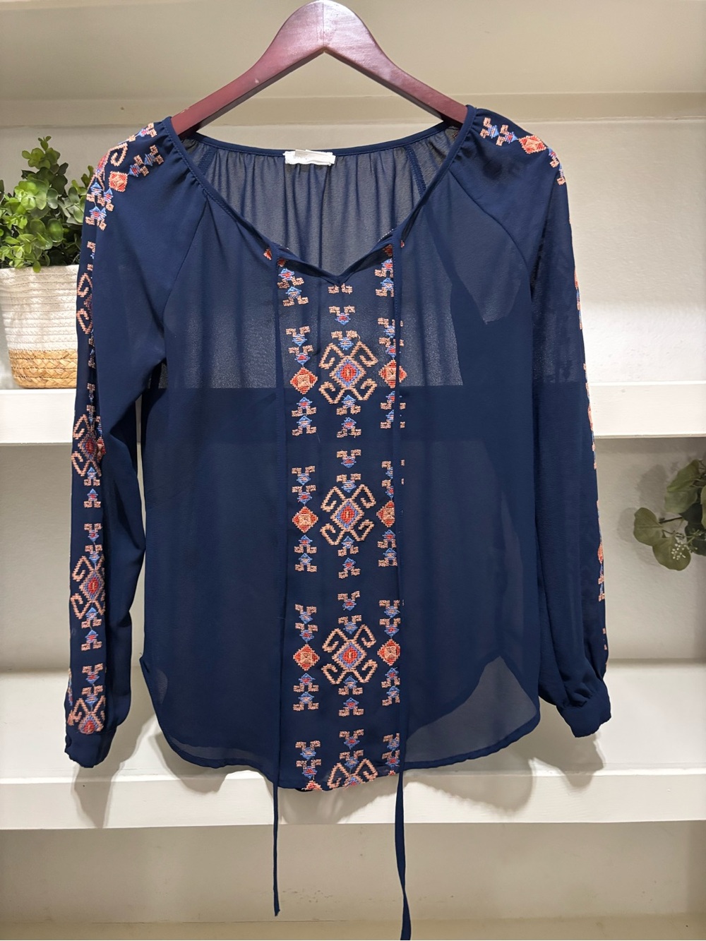 Boho Embroidered Navy Peasant Blouse